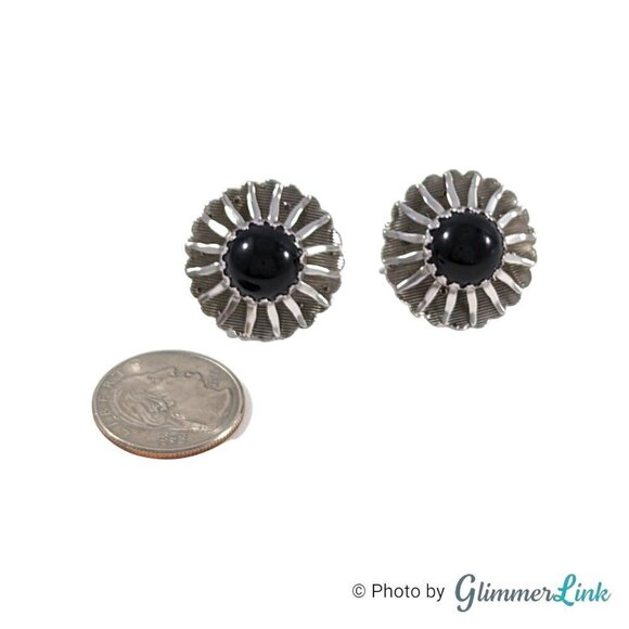 Vintage 60s Sarah Coventry Sunburst Black Cabochon Silver Tone Clip On Earrings - Picture 5 of 11